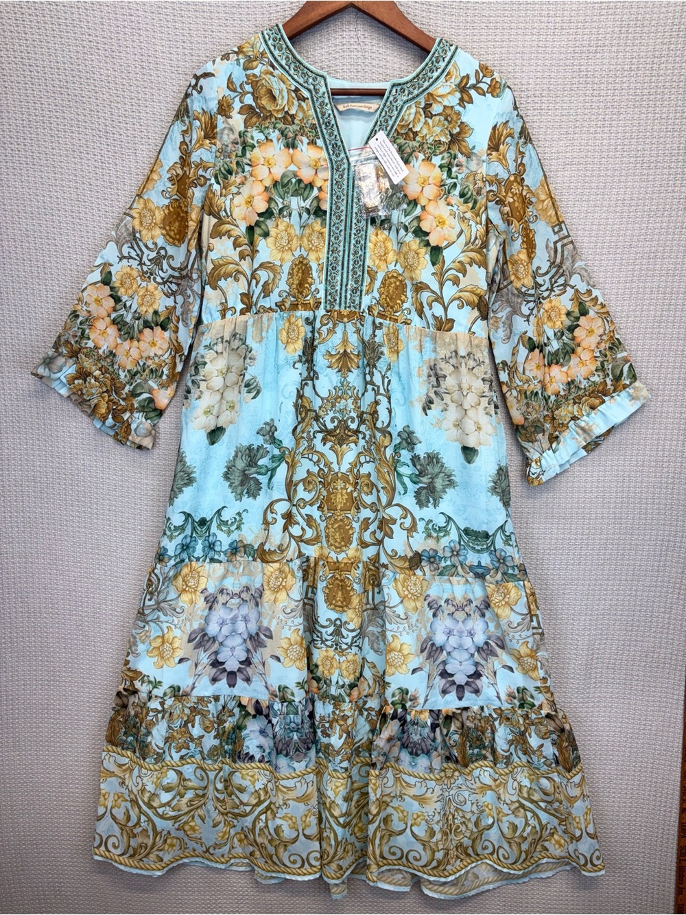 NWT Soft Surroundings Tiered Baroque Floral Maxi Dress Sz Small- Beaded Boho